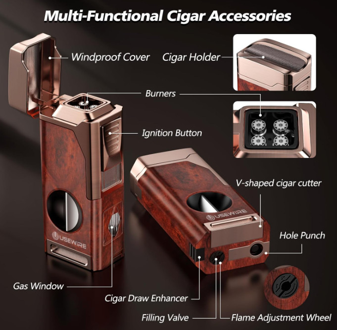 Multifunctional Cigar Lighter with Cutter, Holder, Punch, and Draw Enhancer