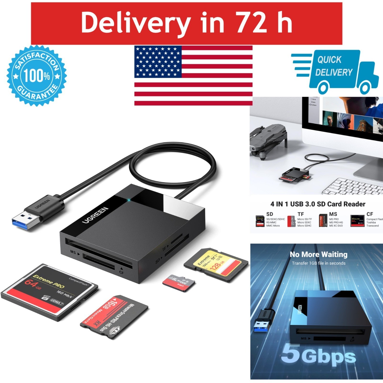 UGREEN USB 3.0 SD Card Reader Hub Adapter 4 Slots for SD, MicroSD, CF
