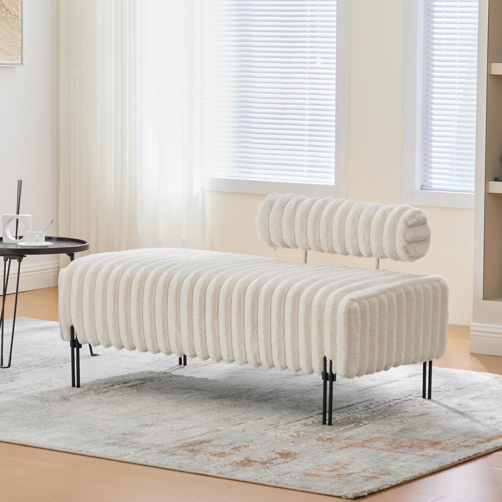 Beige Upholstered Mini Loveseat Bench Adjustable Backrest Metal Legs Ottoman for