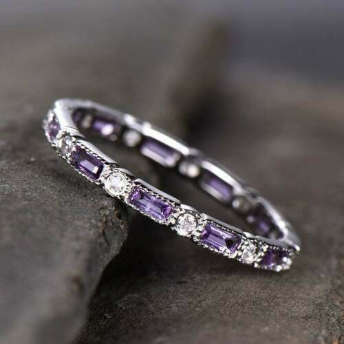 2Ct Emerald Cut Amethyst Full Eternity Wedding Band Solid 14K White Gold Finish