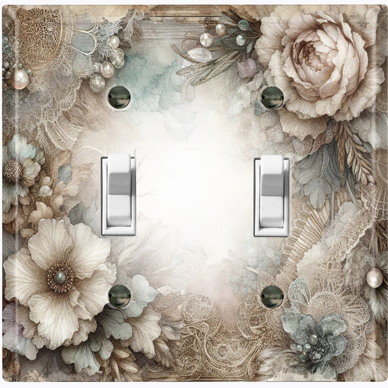 Metal Light Switch Outlet Cover Wall Plate Vintage Flowers Pearls Lace FWR493
