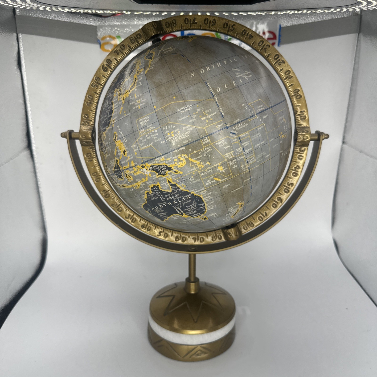 Vintage Gemstone Inlay Tabletop World Globe Brass Stand Quartz Base India 14”