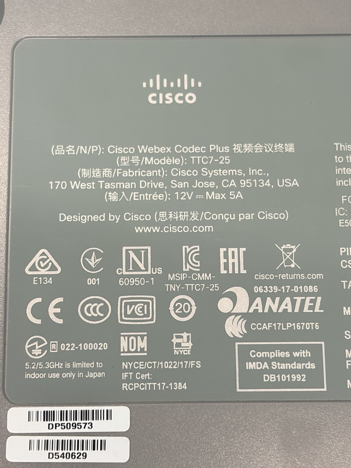 Cisco WebEx CS-CODEC-PLUS Video Conferencing Unit TTC7-25 Used