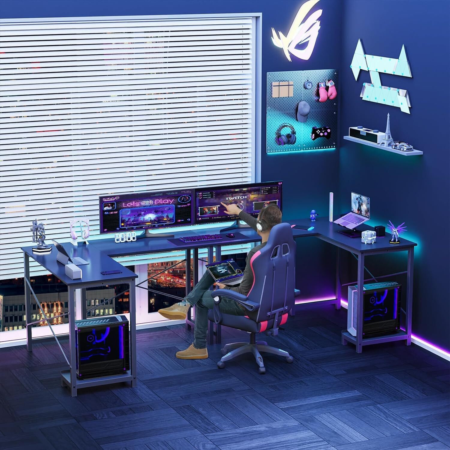 Home Office L Shape Corner Computer Desk Gaming PC Table with CPU Stand Side Bag
