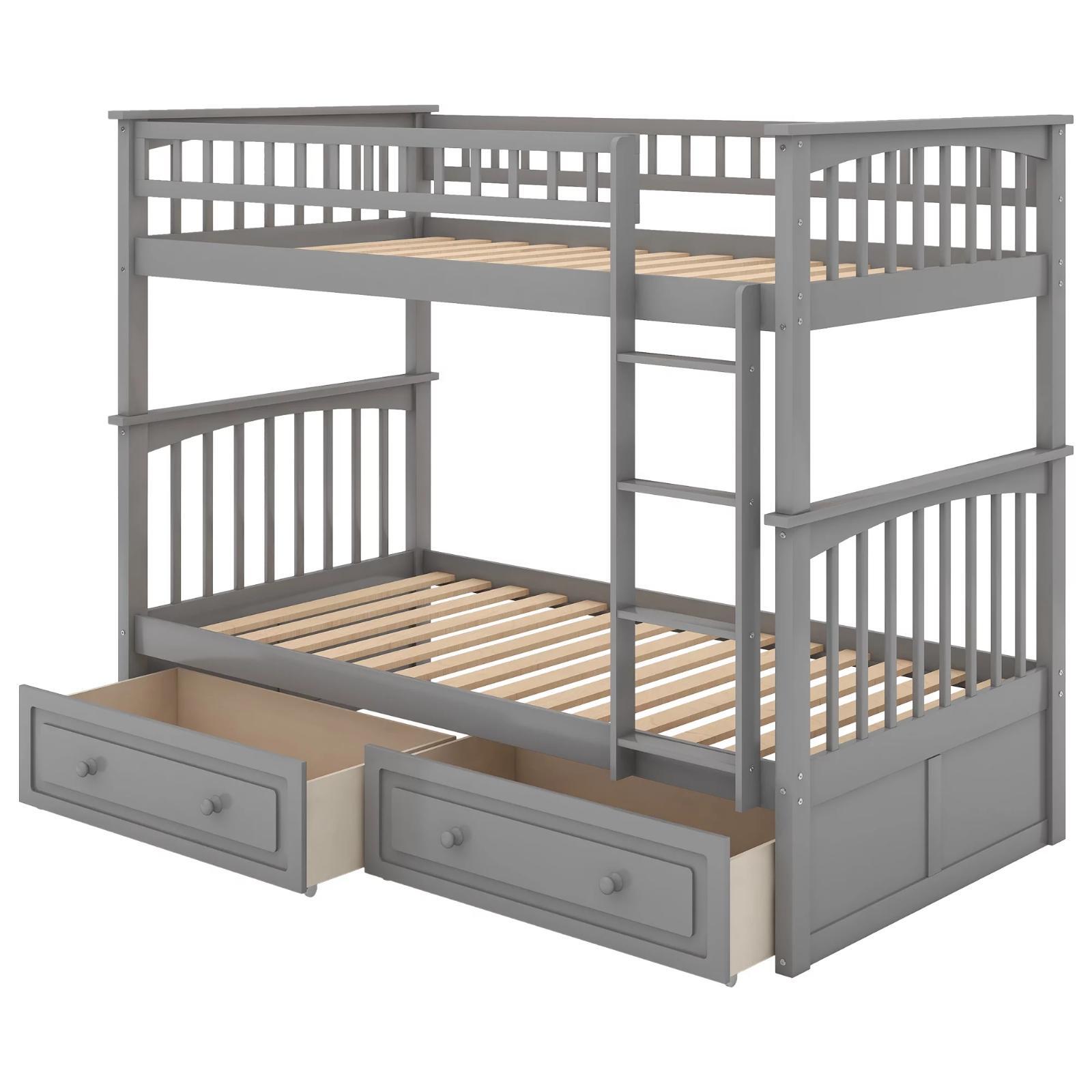 Classic Convertible Twin-Over-Twin Solid Wood Bunk Bed 2 Storage Drawers Ladder