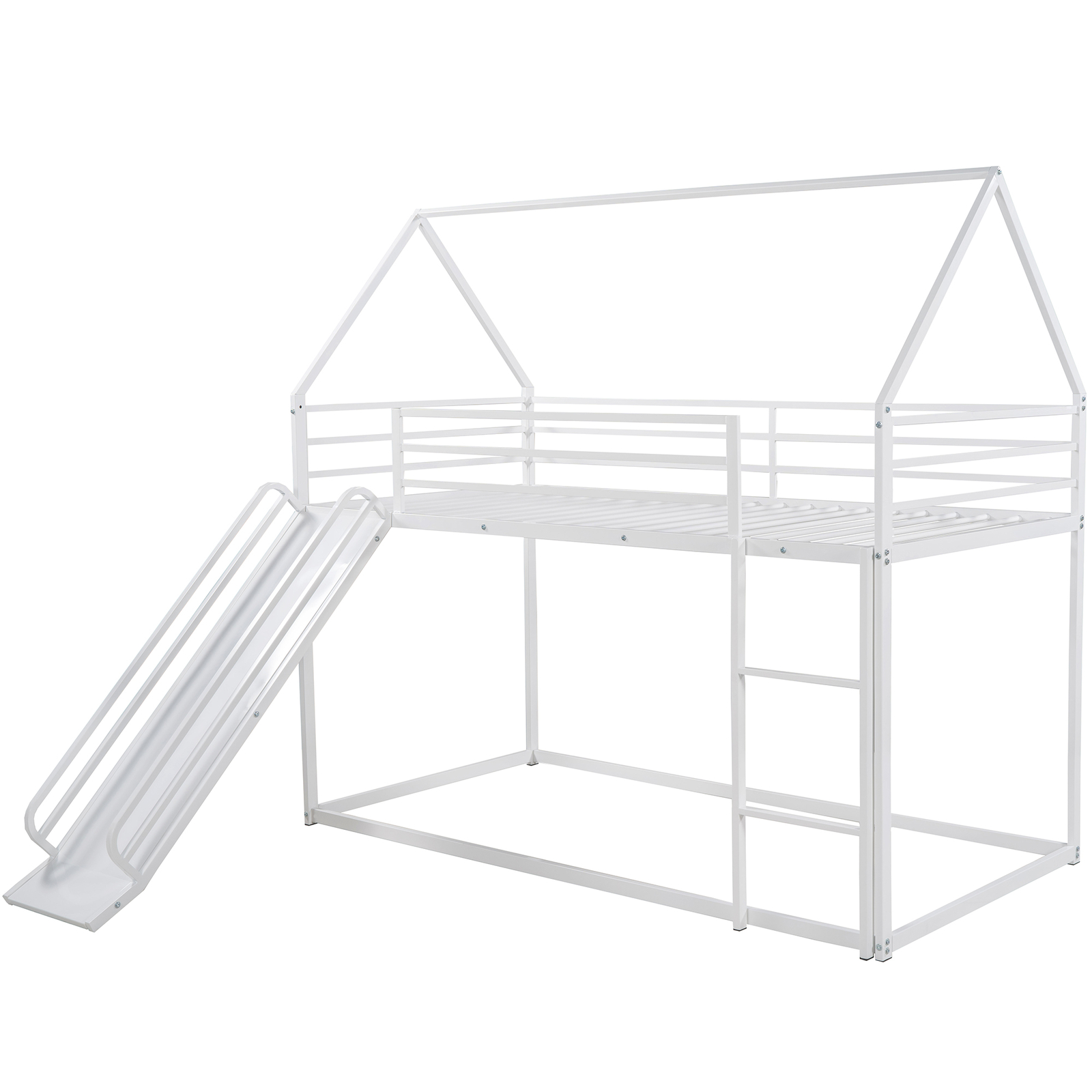 Twin over Twin Metal Bunk Bed W/ Slide /Ladder /Guardrail For Kids Teens White