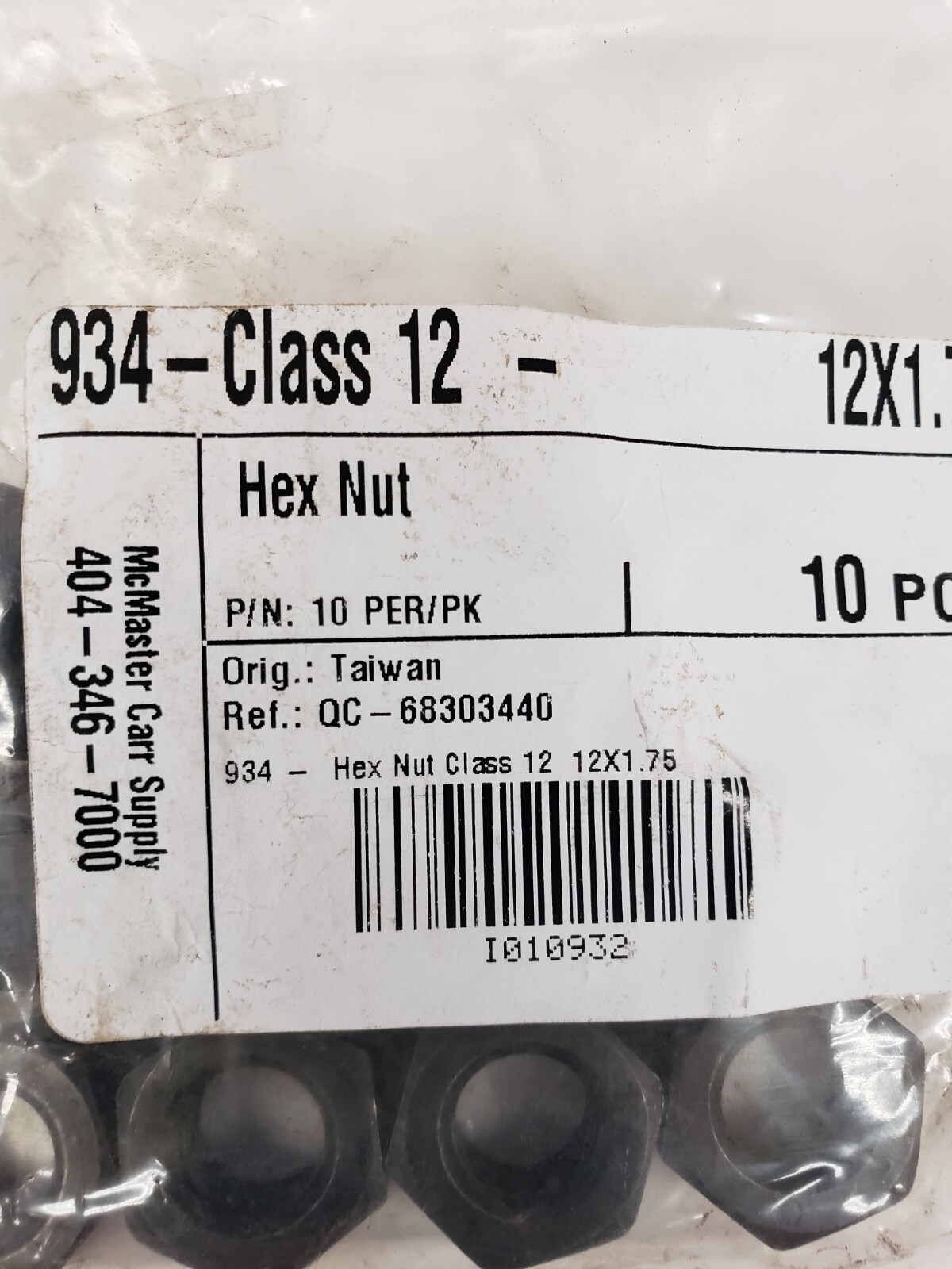 Pk/10 McMaster 934 M12 x 1.75 Coarse Thread Hex Nut Class 12 Hex Nut Black Oxide