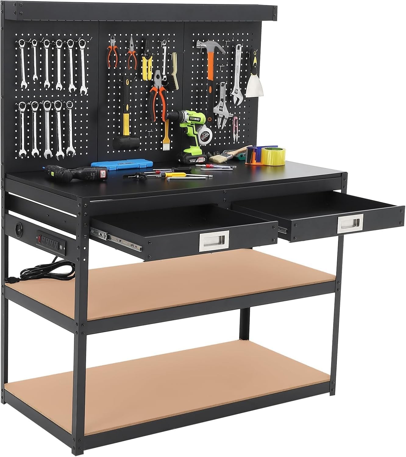 48" Workbench Multipurpose Garage Worktable w/ Pegboard Power Outlets & Drawers