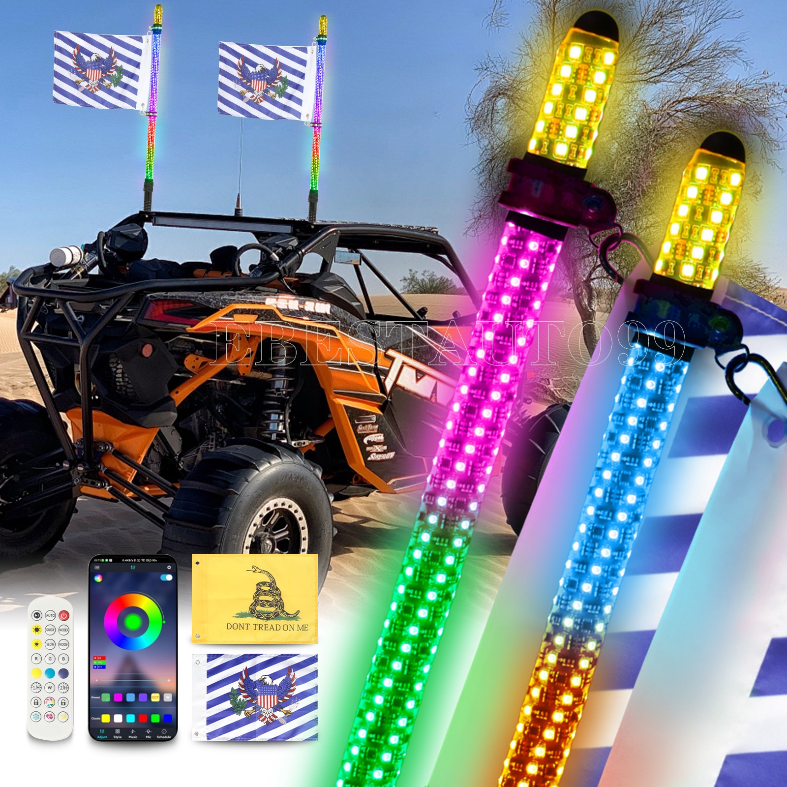 3FT Thick LED Whip Spiral Chasing RGB Fat Whip Lights For Can Am Polaris RZR 2X