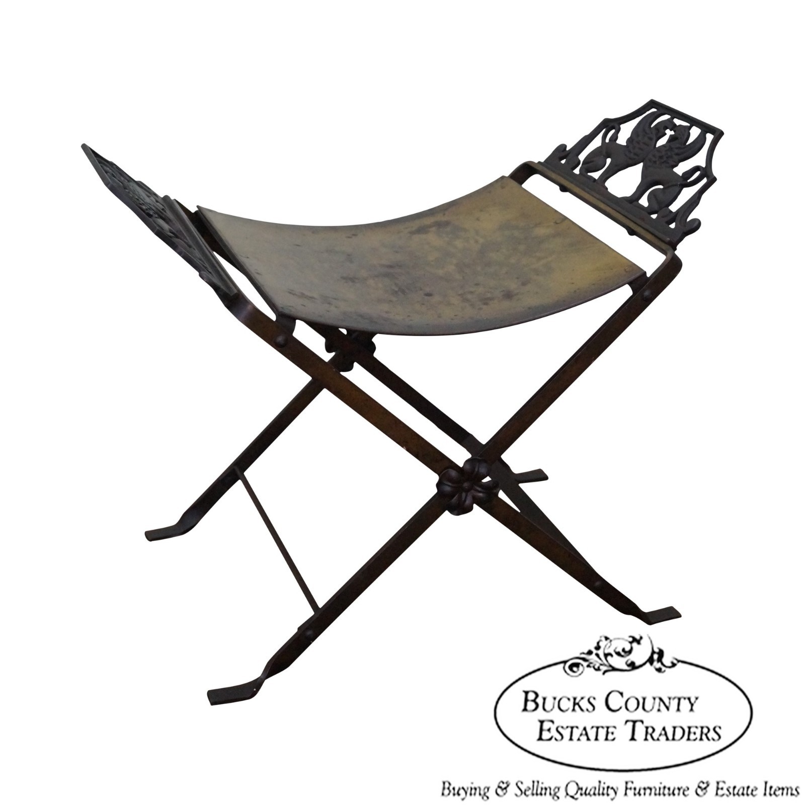 Antique Oscar Bach Style Iron X Base Bench Stool w/ Winged Griffins
