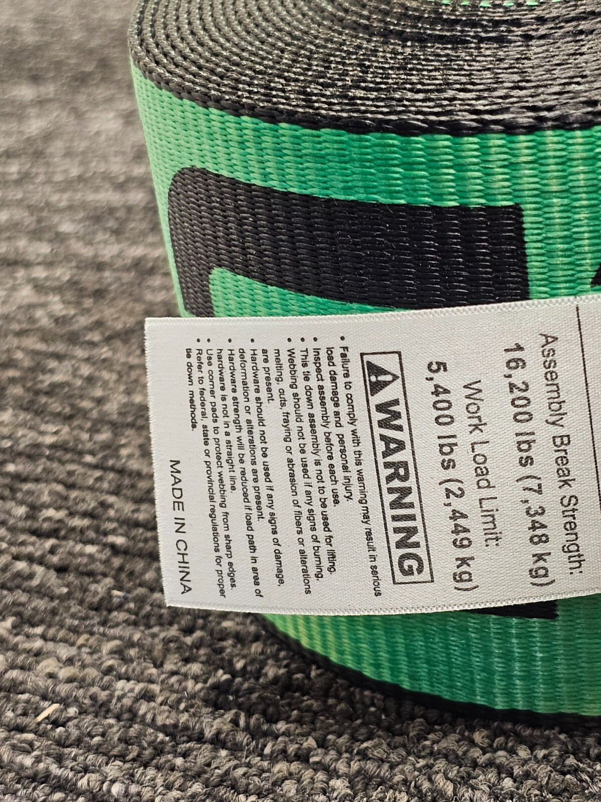 (QTY 2) USCC US CARGO CONTROL Green Strap 5400lbs Limit, break strength 16200lbs