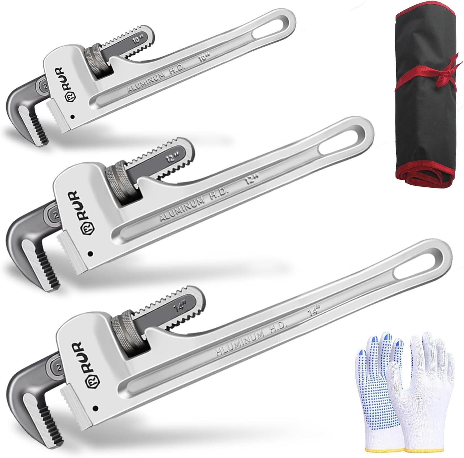 Aluminum Pipe Wrench Set, 10", 12", 14", 3-Piece, 40% Lighter, Heavy Duty Adjust
