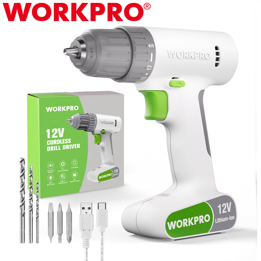 WORKPRO 12V Cordless Drill Driver 6PCS Bits Set 3/8-Inch Keyless Chuck 18 Touque