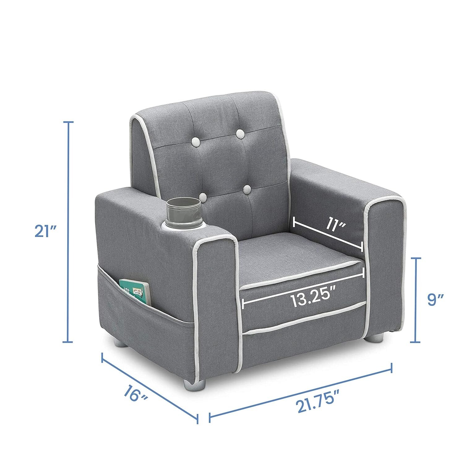 Soft Grey Kids Upholstered Chair with Cup Holder - Durable & Convenient Storage