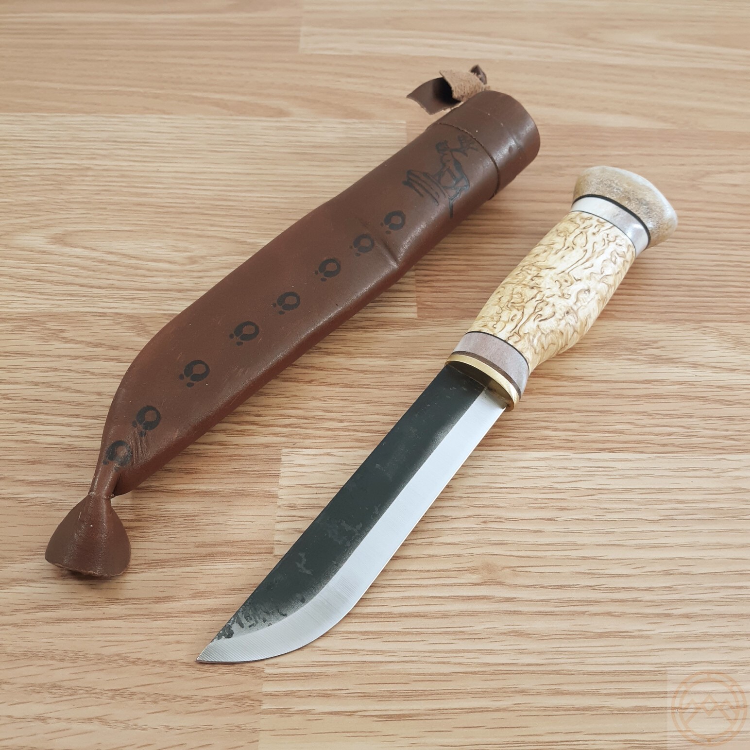 Wood Jewel Reindeer Herder's Knife 5" Carbon Steel Blade Curly Birch Handle 23PM