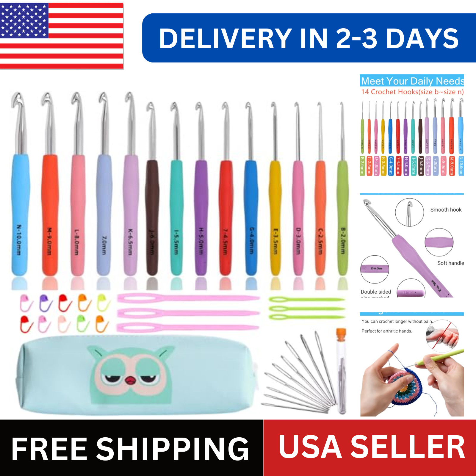 Crochet Hooks Set Clover Amour Steel Pastel 14 Pcs Ergonomic Easy Grip Bright US