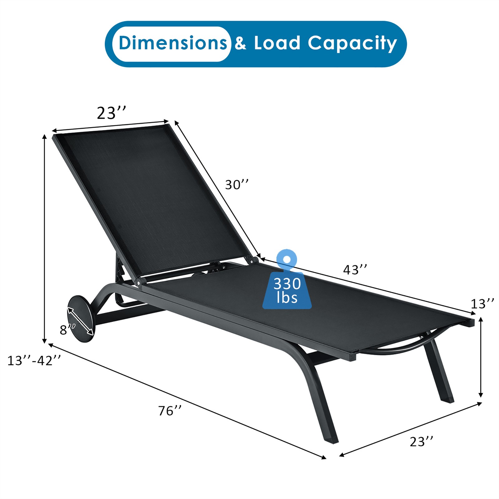 Patio Chaise Lounge Sling Armless back Adjustable Outdoor Black