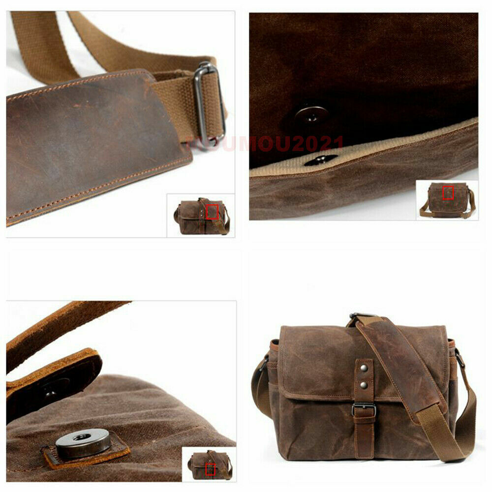 Vintage Waterproof Canvas Leather Trim DSLR SLR Shockproof Camera Messenger Bag