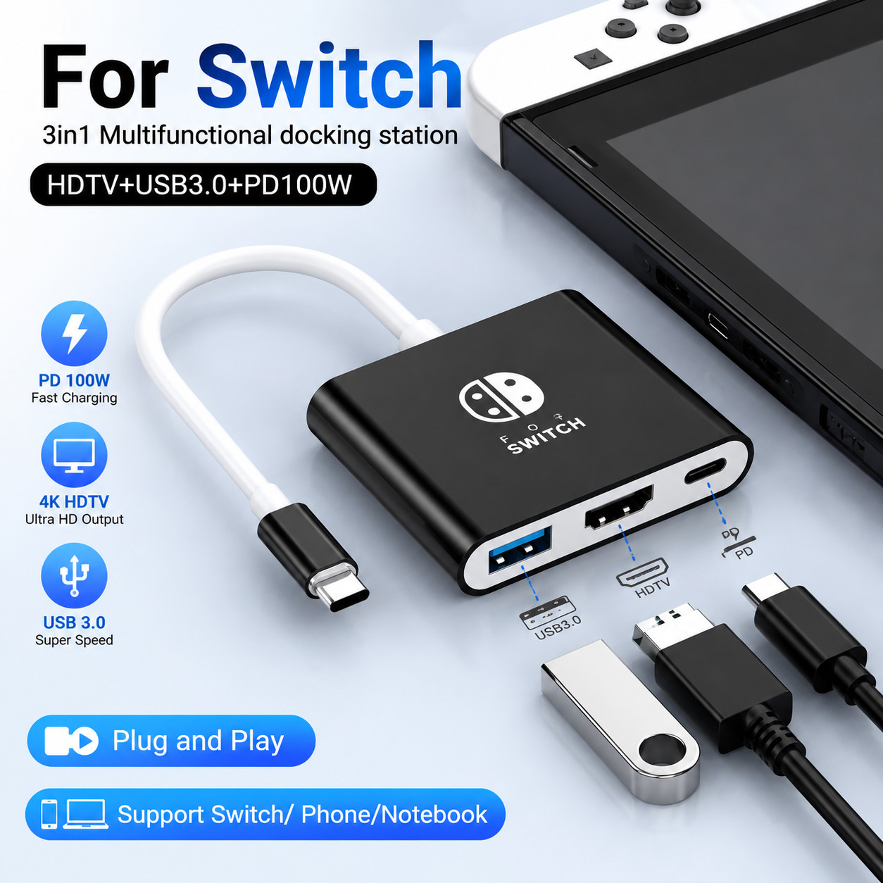 HDMI TV Dock For Nintendo Switch 1/2/OLED Docking Replacement Adapter Converter