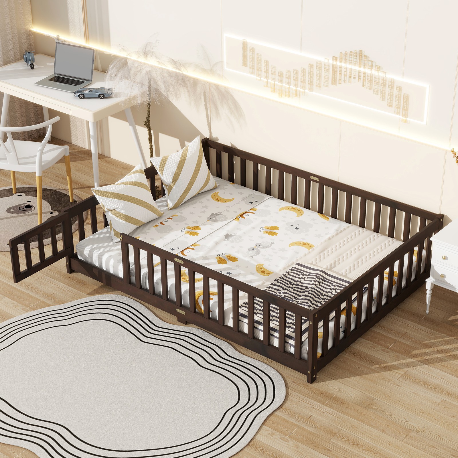 Full Size Floor Bed with Fence and Door, Rubber Wood, Espresso