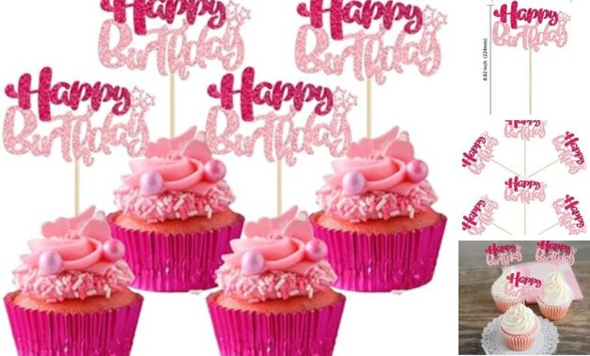 Ephlyn 24Pcs Happy Birthday Cupcake Toppers Double Layer Rose Red Pink Style 1