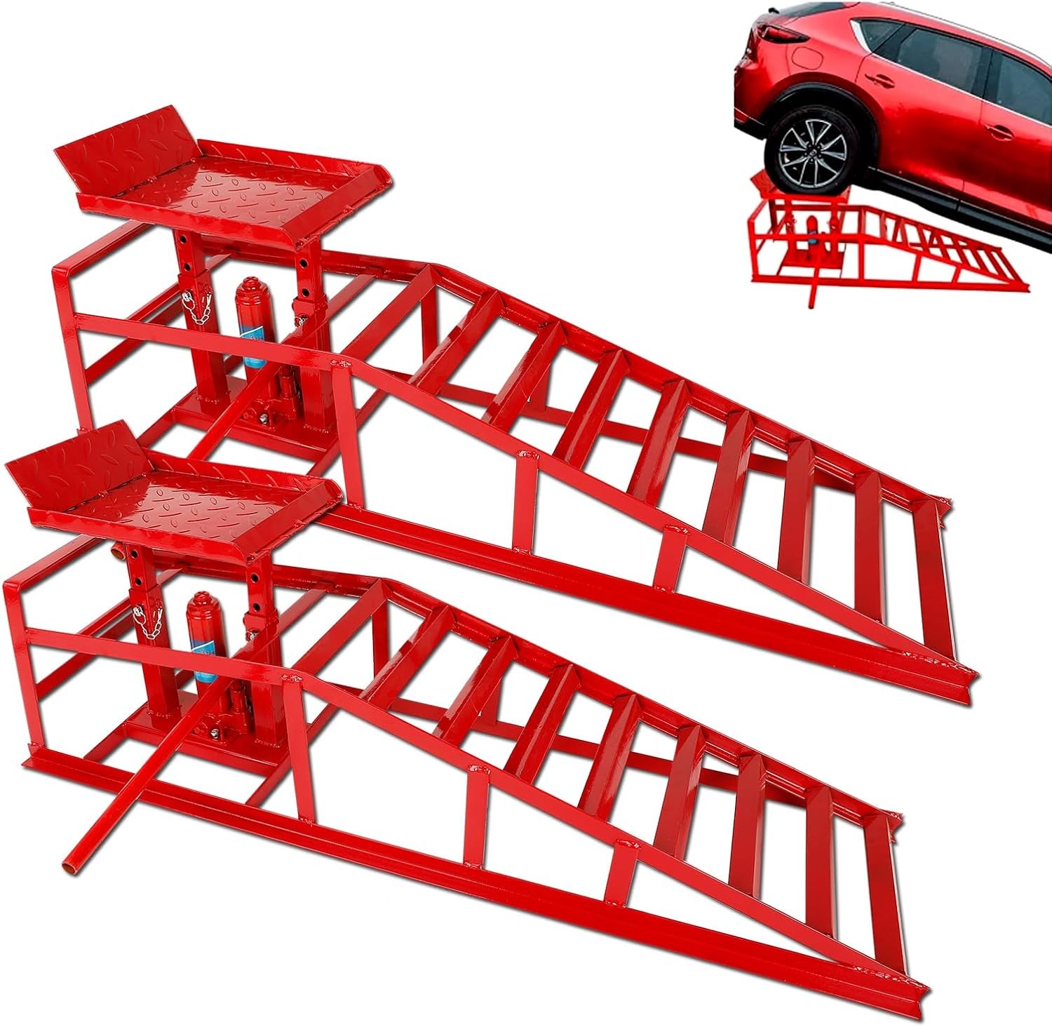 2-Pack 5 Ton Low Profile Hydraulic Car Ramps W/ Built-in Jack Adjustable Vehicle