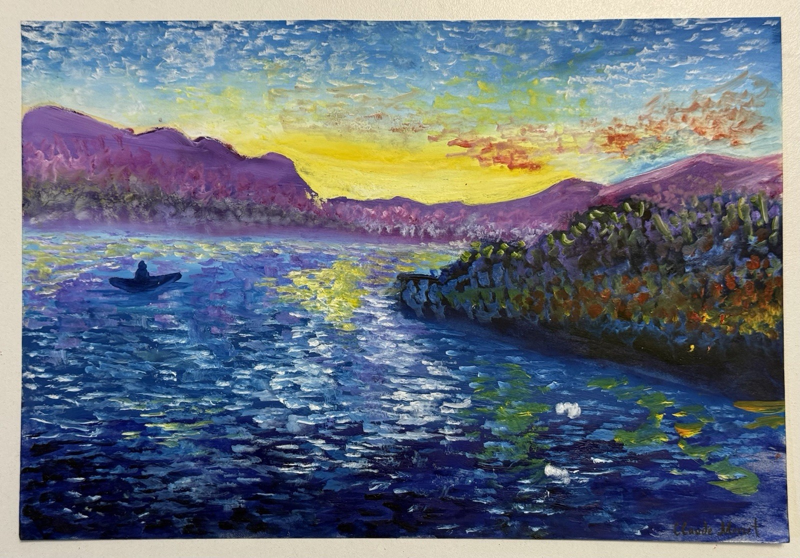 Claude Monet (Handmade) Oil Drawing On Old Paper Signed & Stamped, Vtg art