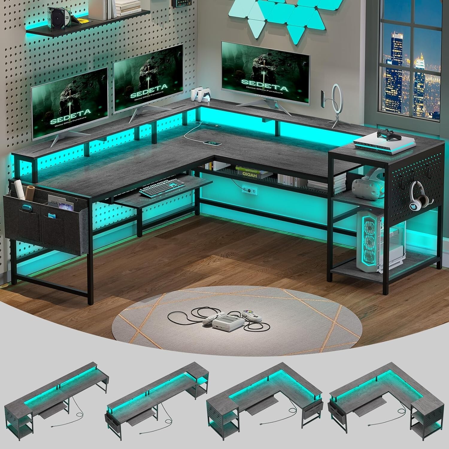 L Shaped Gaming Desk, Convertible Home Office Desk with Power Outlets &LED Strip
