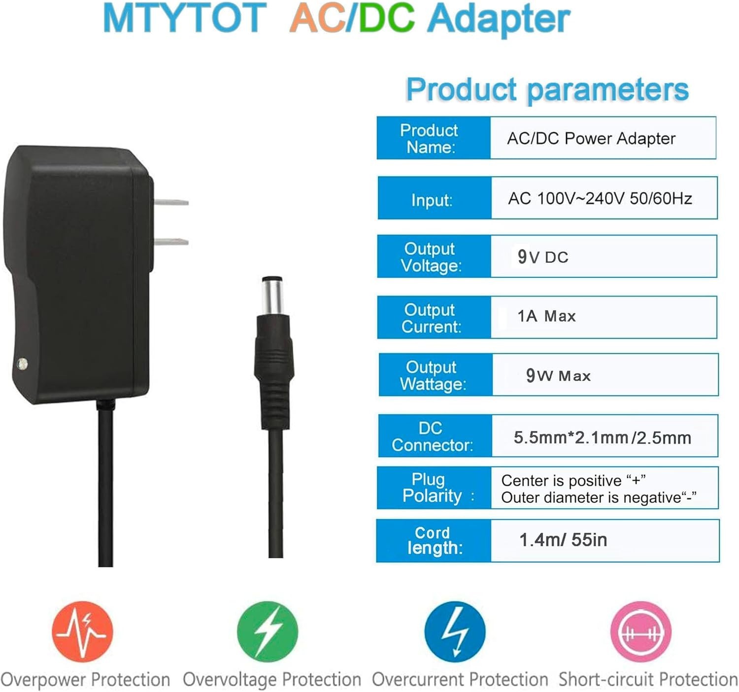 Versatile 9V 1A AC Adapter with 8 Interchangeable Tips for All Your Devices