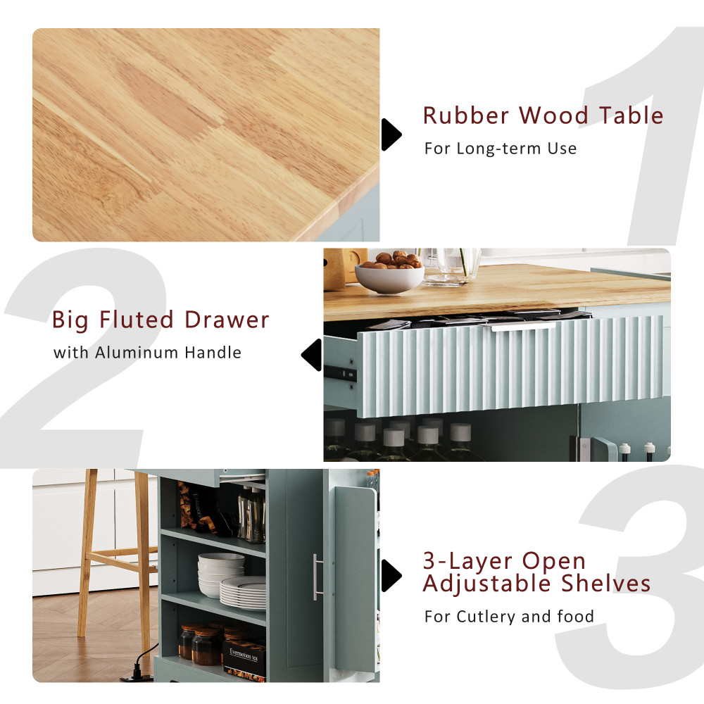 K&K Fluted Kitchen Island with Trash Can Storage Cabinet, Power Outlet