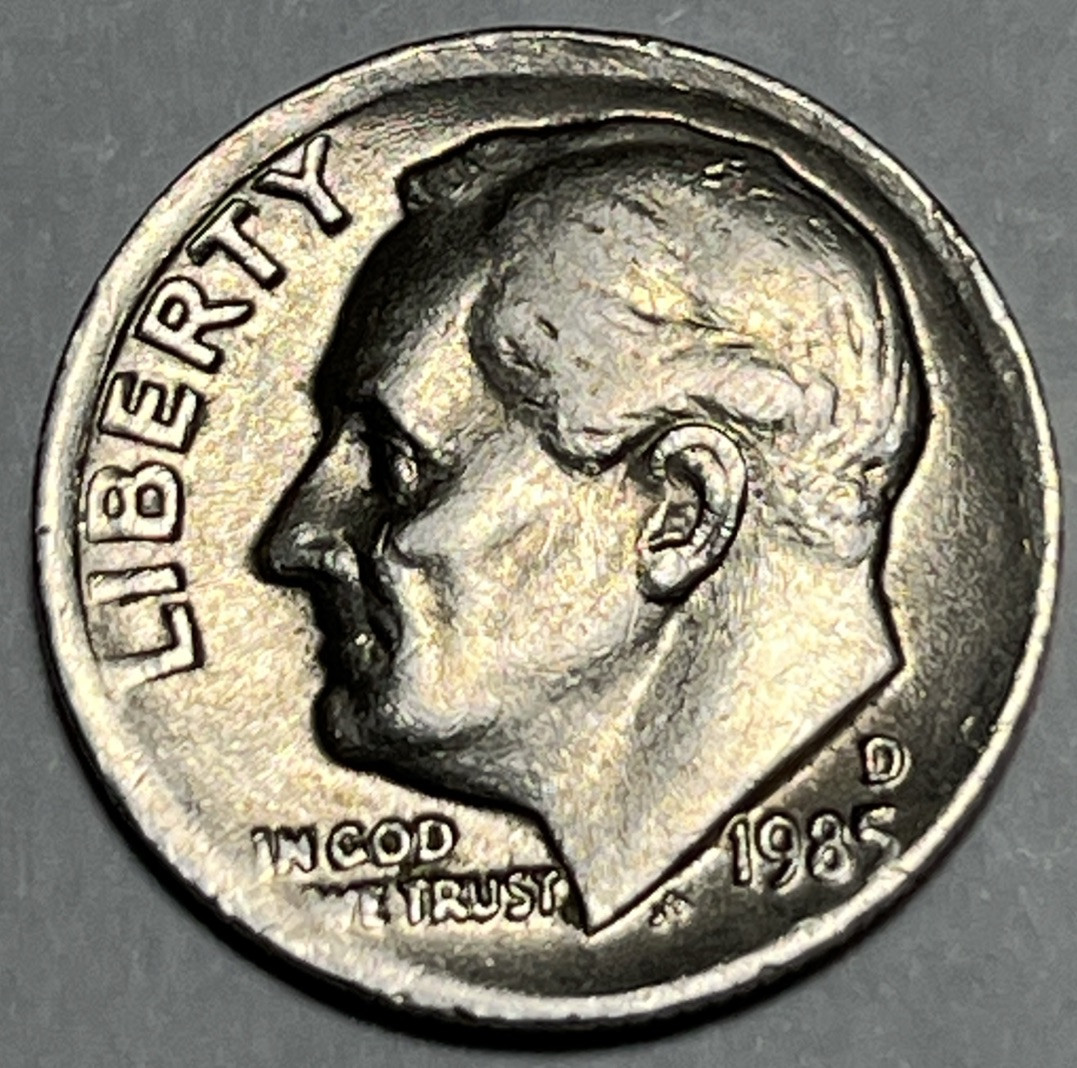 1985 D Roosevelt Dime Errors Off Center Strike & Strike Through Grease