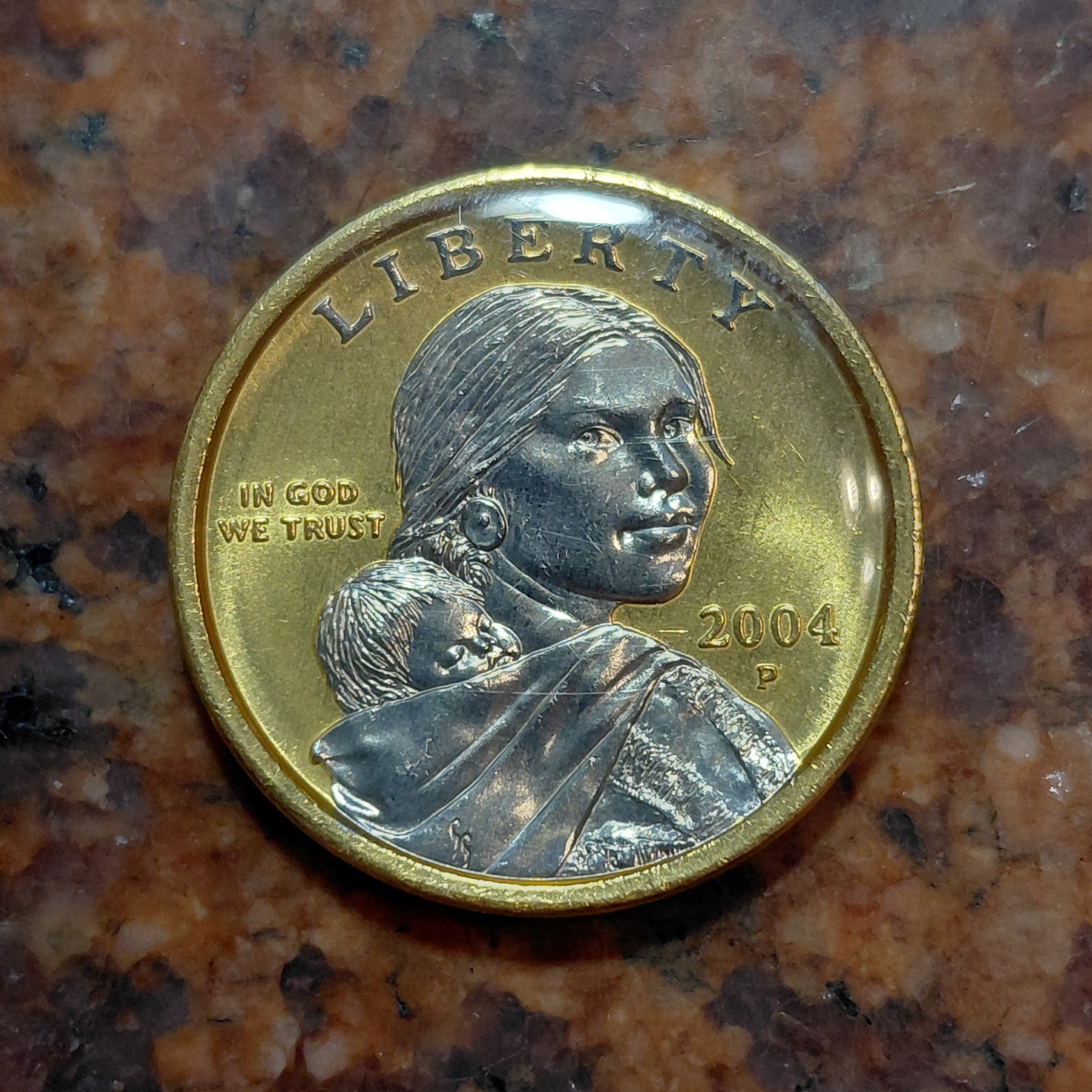 2004-D GOLD SPOT PLATED & ACRYLIC ENCASED SACAGAWEA DOLLAR COIN - #B8528