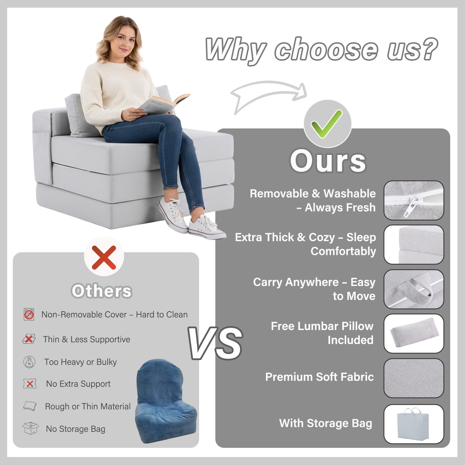 Folding Sofa Bed-Convertible Sleeper Chair with Storage Bag, Tri Foldable Mat...
