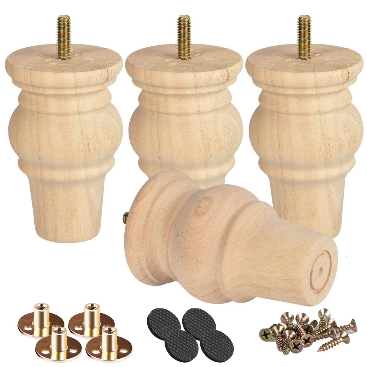 4 inch Solid Wood Furniture Legs, 4Pcs Wooden Turned Bun Feet with Threaded 5...