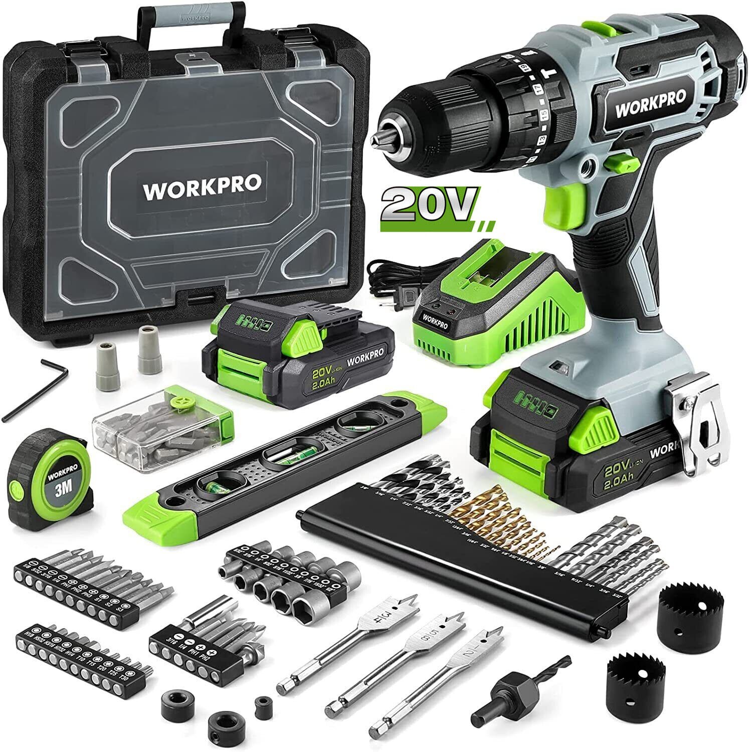 WORKPRO 20V Max Cordless Drill Driver Set Impact Wrench Drill Tool W/Accessories