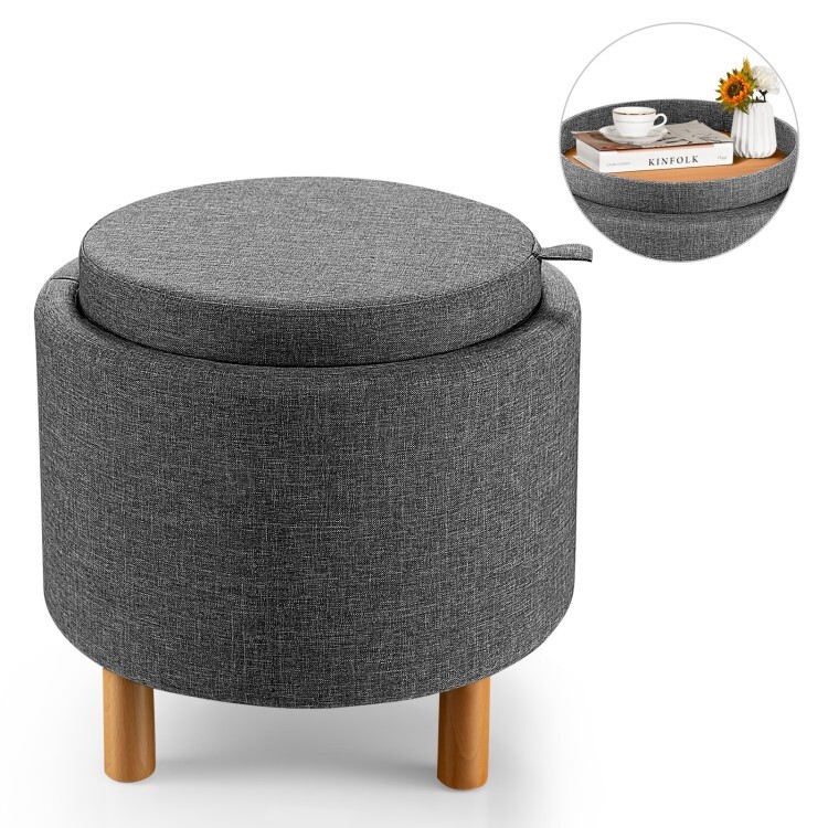 Round Storage Ottoman Bedroom Accent Sitting Stool With Removable 2-Sided Lid