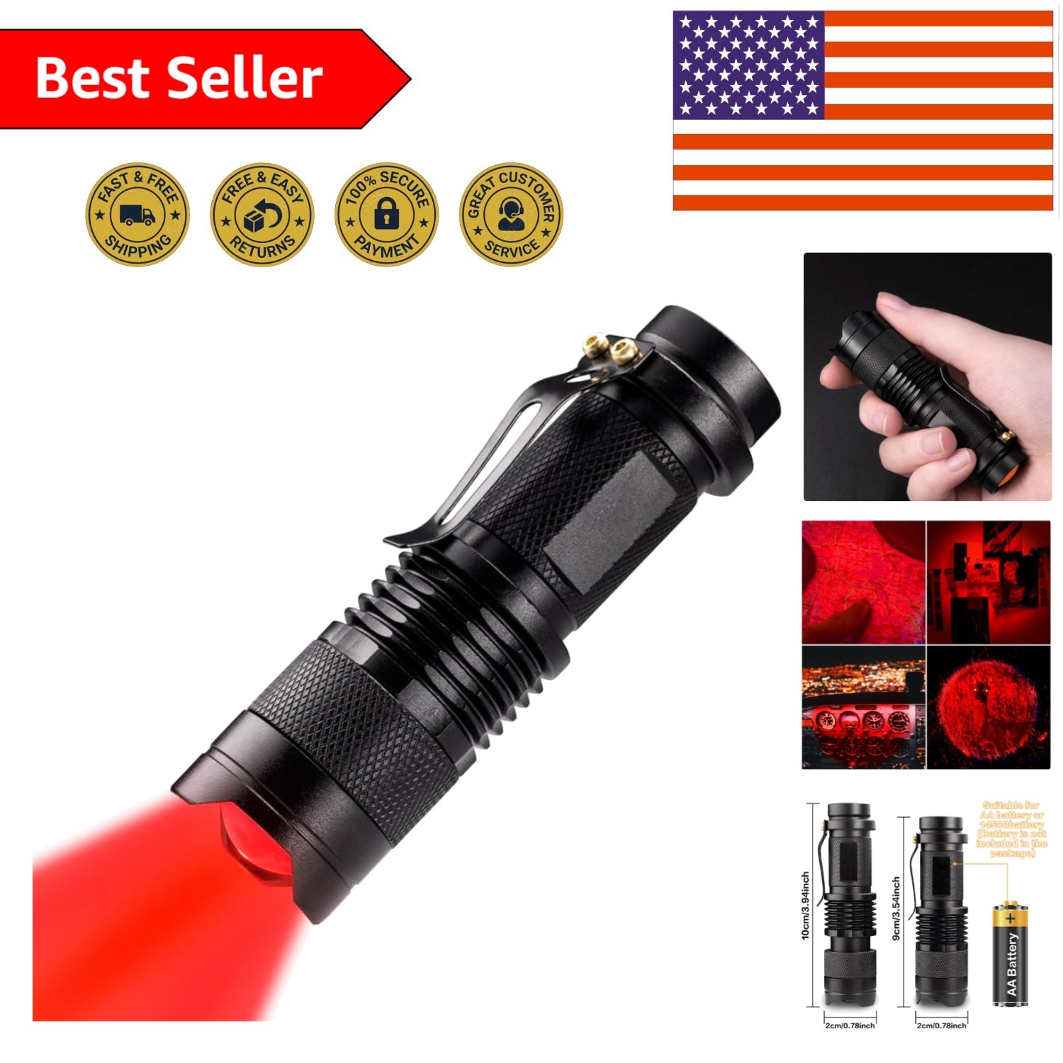 Compact 200 Lumen Red Light Flashlight - Ideal for Astronomy & Wildlife Spotting