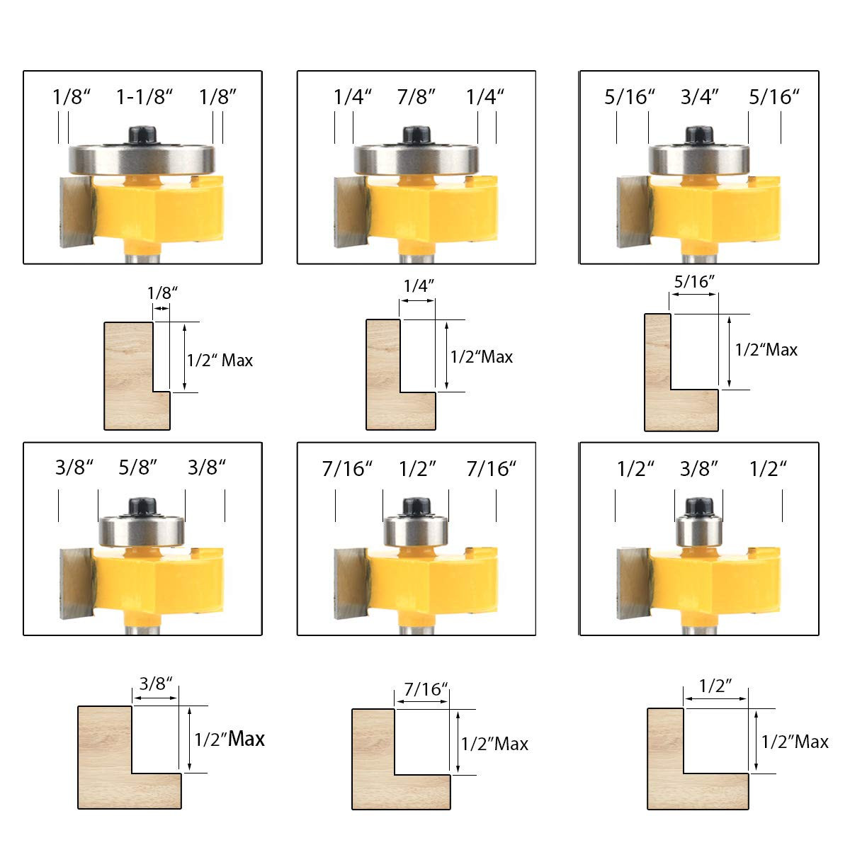 1/4 Inch Shank Rabbet Router Bit with 6 Bearings Set | 1/8", 1/4", 5/16", 3/8",