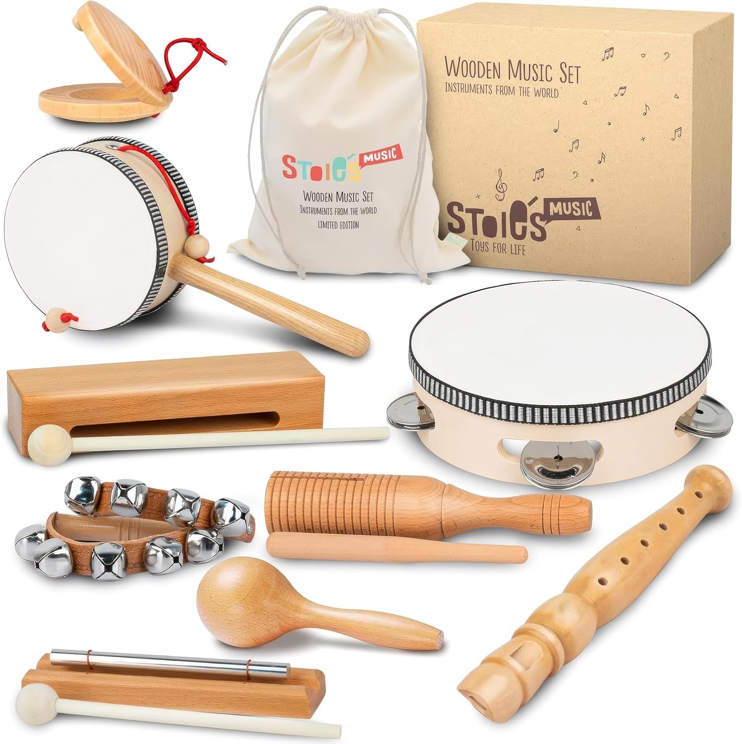 Wooden Toddler Musical Instruments with Drum, Hand Bells, Flute, Maracas, Cas...
