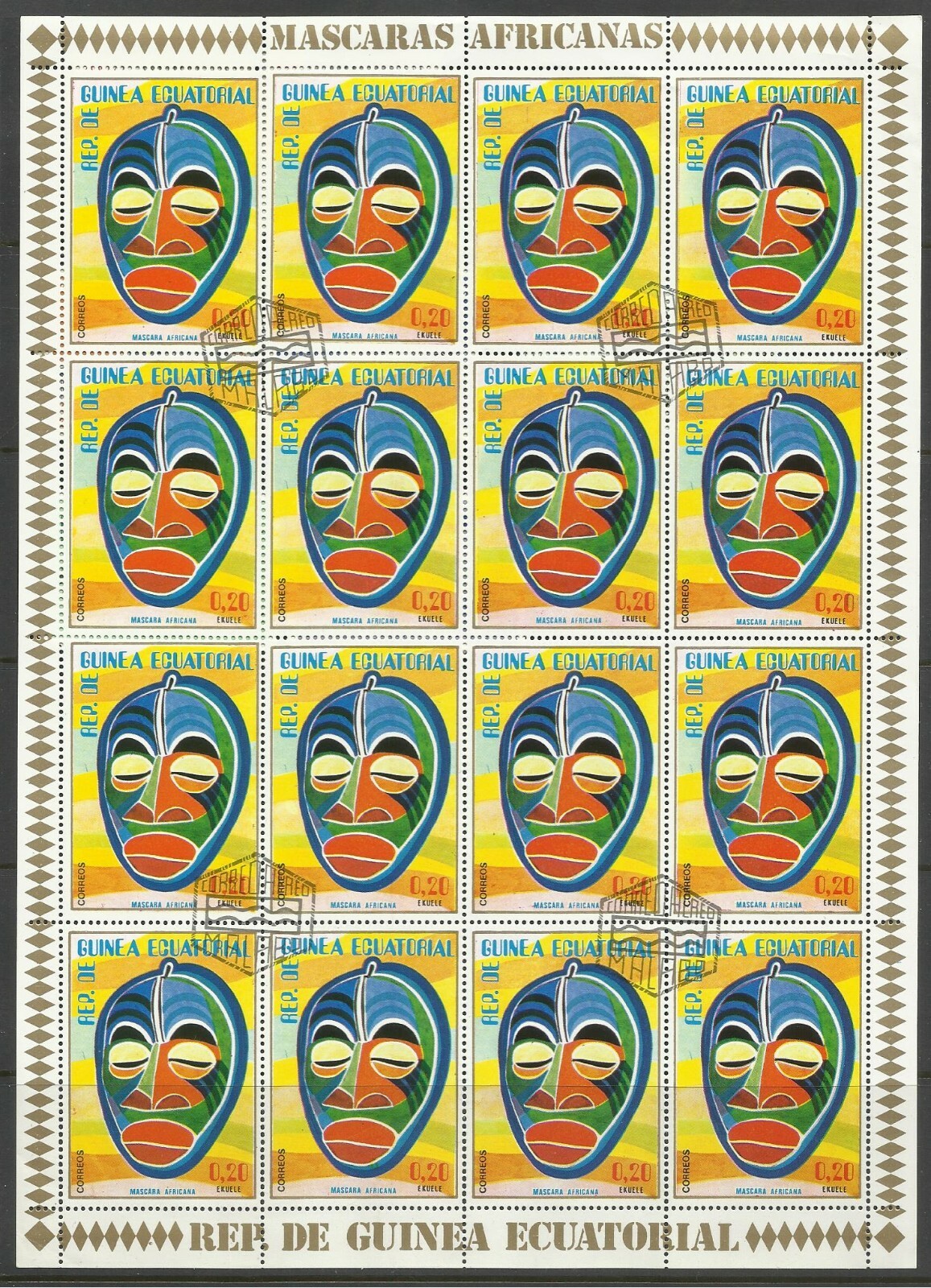 Equatorial Guinea - 1977 CTO NH Masks Full Sheet with 16 Identical Stamps