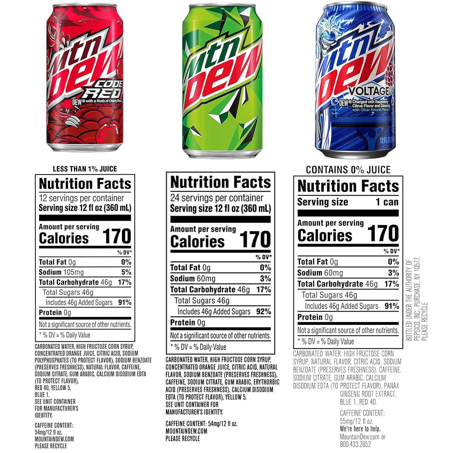 Mtn Dew 3 Flavor Variety Pack: Code Red, Voltage & Original - 12 Fl Oz, 18 Cans