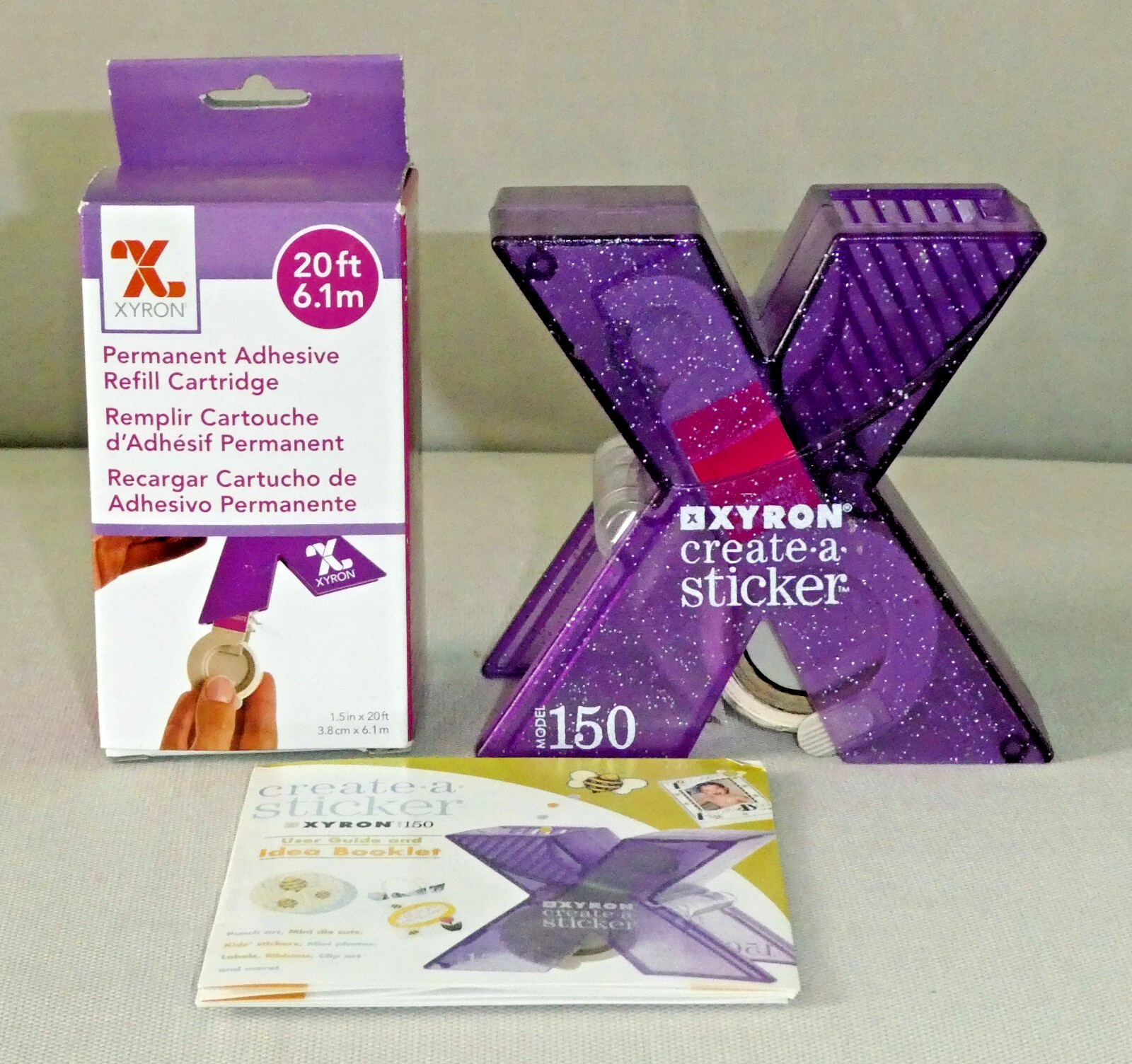 XYRON CREATE A STICKER w/NEW PERMANENT ADHESIVE REFILL CARTRIDGE & IDEA BOOKLET
