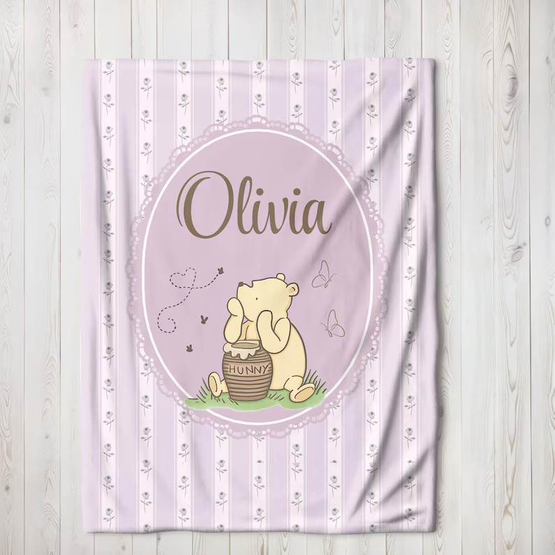 Custom Name Vintage Bear Flannel Blanket Baby Girl Gift Cozy