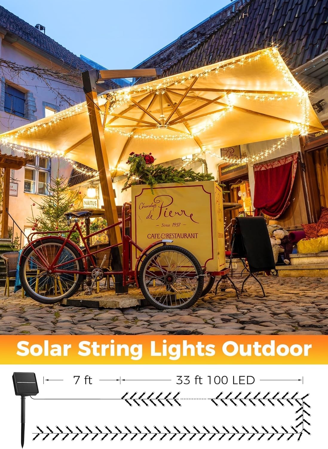 40 FT Solar String Lights - 100 LED, Waterproof, 8 Modes, Warm White Decor