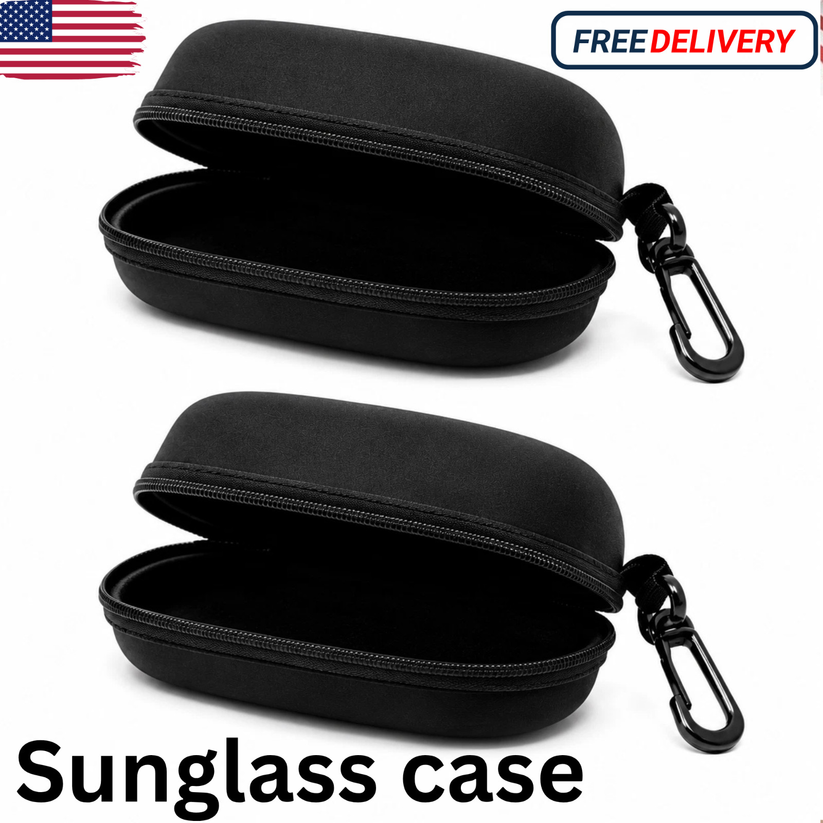 2-Pack Sunglasses Hard Case Eye Glasses Black Clam Shell Zipper With Hook