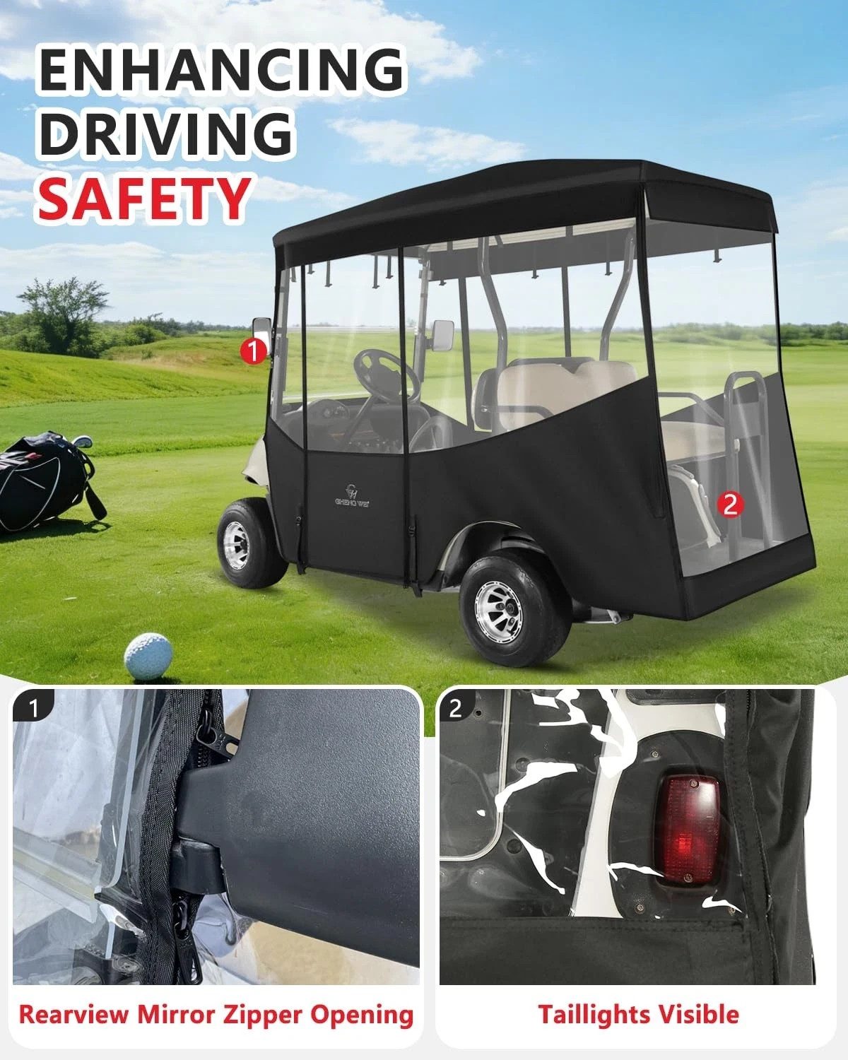 Golf Cart Enclosure 4 Passenger for EZGO RXV 4 Passenger Extended Roof Black