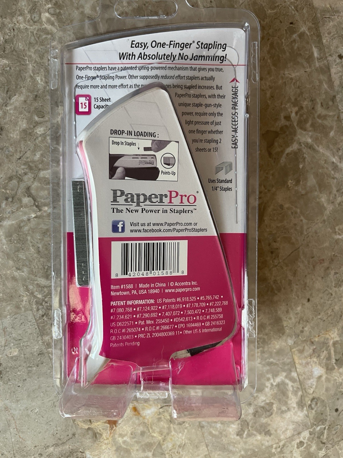 PaperPro Compact Stapler 15 Sheet Power Assisted Jam Free Pink Ribbon