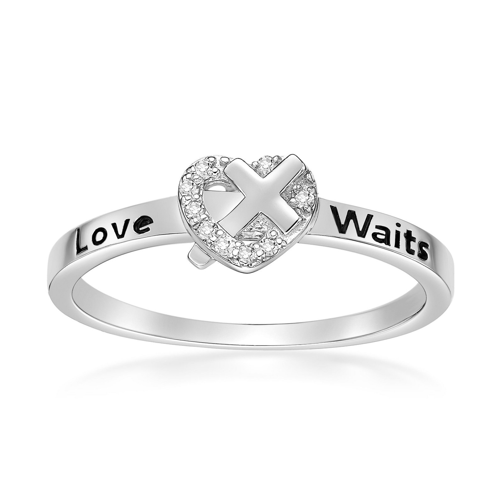 925 Sterling Silver Heart & Cross Purity Ring With 0.045 CTTW Diamonds Rare Gift