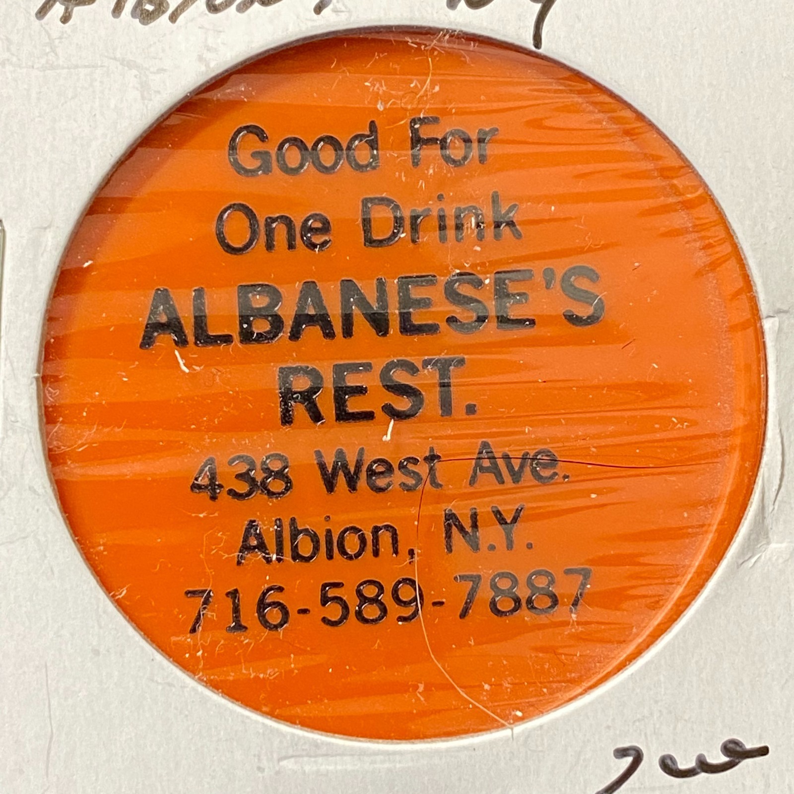 Albanese's Restaurant Albion, NY Plastic G/F One Drink Trade Token 38mm