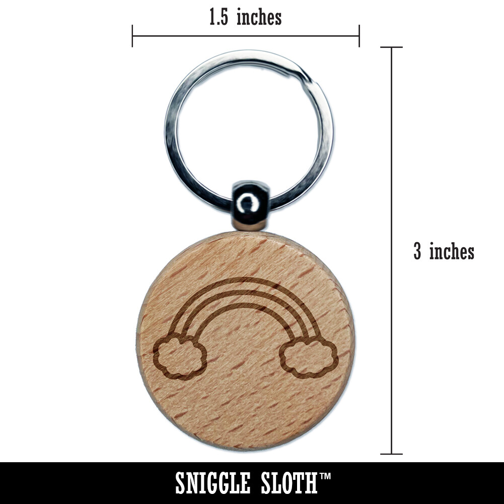 Rainbow with Clouds Engraved Wood Round Keychain Tag Charm